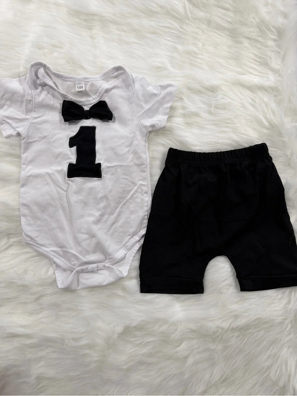 Baby 1st Birthday Bodysuit and Shorts Set in White and Black